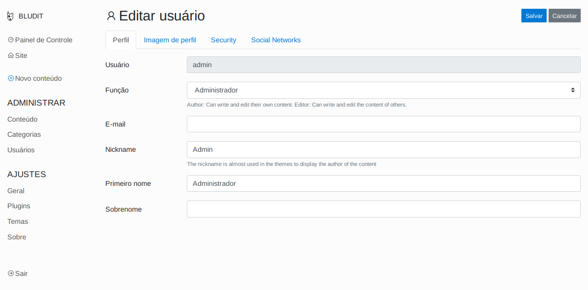 Administração de usuários - Perfil do usuário admin